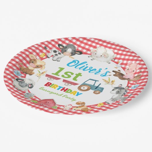 Niedliche Landtiere Barnyard 1. Geburtstag Pappteller (Schrägansicht)