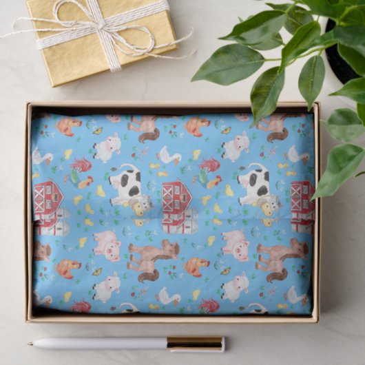 Niedliche Landtiere Barnyard Blue Background Seidenpapier (Geschenk)