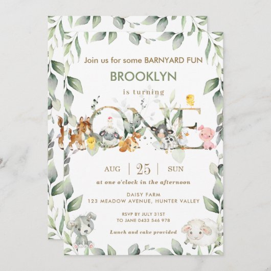 Niedliche Landtiere Barnyard Grüne 1. Geburtstag Einladung (Vorne/Hinten)