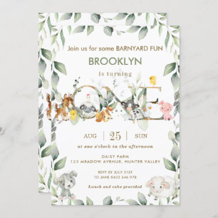 Niedliche Landtiere Barnyard Grüne 1. Geburtstag Einladung