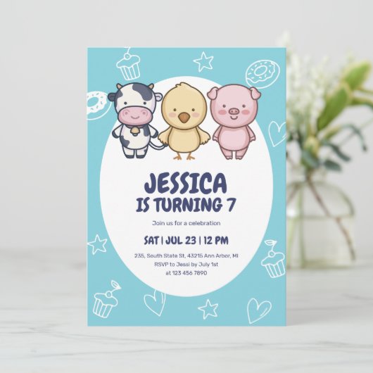 Niedliche Landtiere Barnyard Party Kindergeburtsta Einladung (Stehend Vorderseite)