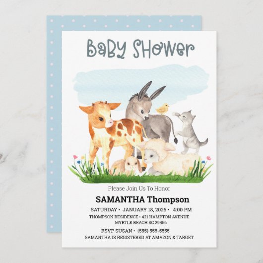 Niedliche Landtiere Blue Boys Baby Dusche Einladung (Vorne/Hinten)