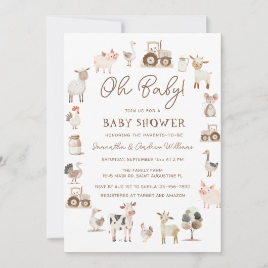 Niedliche Landtiere Geschlechtsneutrale Babydusche Einladung (Vorderseite)