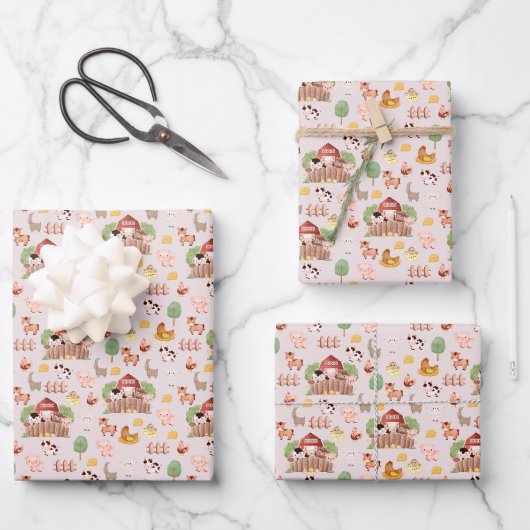 Niedliche Landtiere in hellrosa Geschenkpapier Set (Vorderseite)