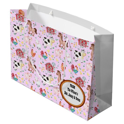 Niedliche Landtiere Kinderdusche rosa Große Geschenktüte (Rückseite Schrägansicht)