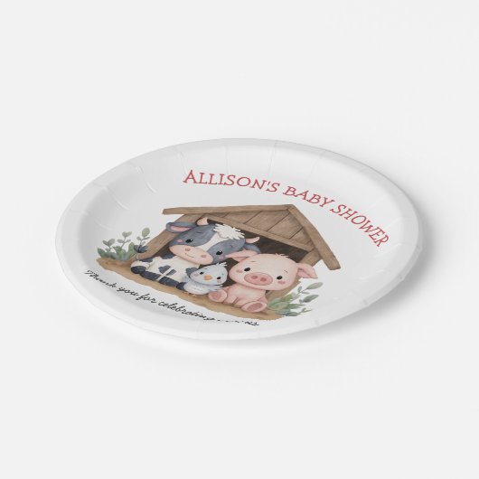 Niedliche Landtiere Schweinekühe Kinderdusche Pappteller (Schrägansicht)