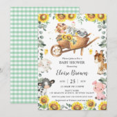 Niedliche Landtiere Sonnenblumen Grünpflanzen Kind Einladung (Vorne/Hinten)