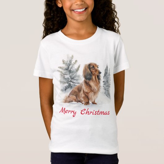 Niedliche Langhaarige Dackel Wurst Hund Weihnachte T-Shirt (Vorderseite)
