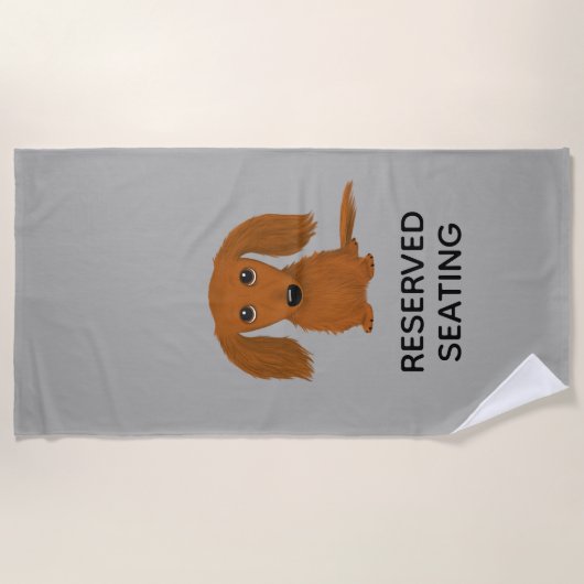 Niedliche langhaarige rote Dackel mit Strandtuch (Vorderseite)