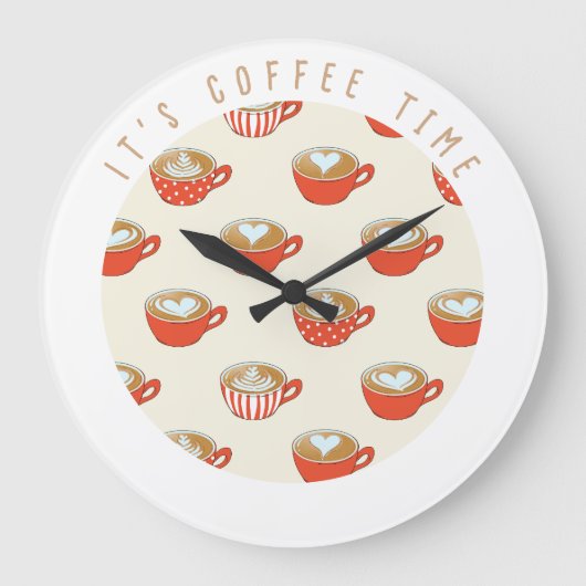 Niedliche Latte Art in Red Coffee Mugs Muster Große Wanduhr (Vorderseite)