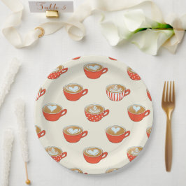 Niedliche Latte Art in Red Coffee Mugs Muster Pappteller