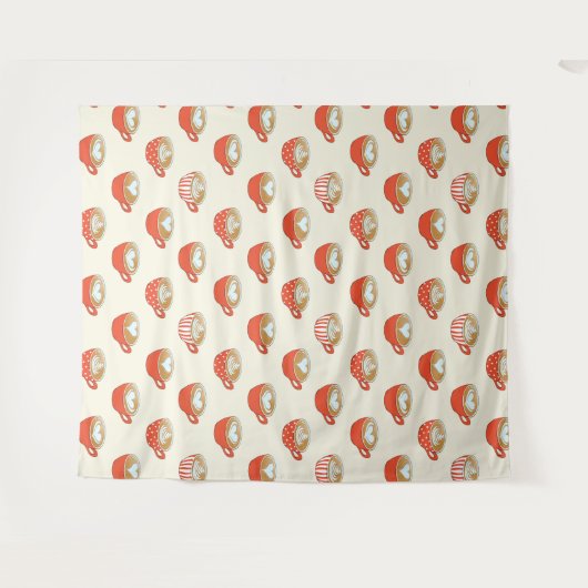 Niedliche Latte Art in Red Coffee Mugs Muster Wandteppich (Vorderseite (Horizontal))