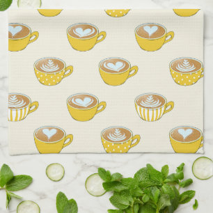 Niedliche Latte Art in Yellow Coffee Mugs Muster Geschirrtuch