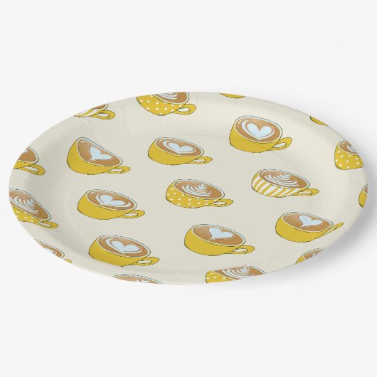 Niedliche Latte Art in Yellow Coffee Mugs Muster Pappteller (Schrägansicht)