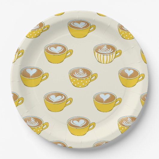 Niedliche Latte Art in Yellow Coffee Mugs Muster Pappteller (Vorderseite)