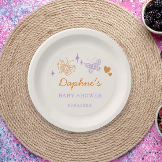 Niedliche Lavendel & Orange Butterfly Babydusche Pappteller