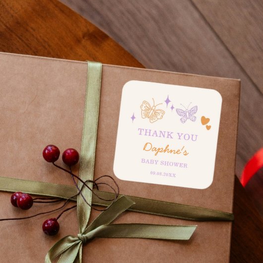 Niedliche Lavendel & Orange Butterfly Babydusche Quadratischer Aufkleber