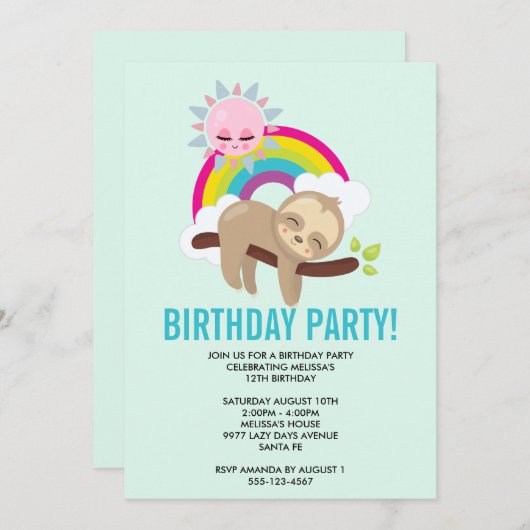 Niedliche Lazy Sloth mit Sun & Rainbow Birthday (Vorne/Hinten)