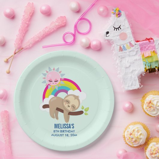 Niedliche Lazy Sloth mit Sun & Rainbow Birthday Pappteller (Party)