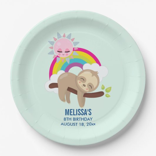 Niedliche Lazy Sloth mit Sun & Rainbow Birthday Pappteller (Vorderseite)