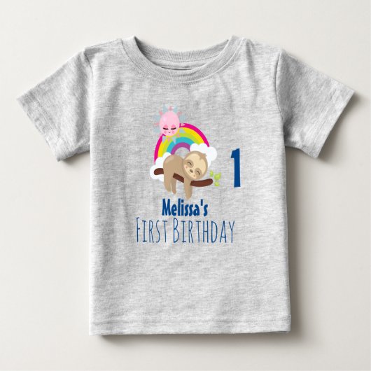 Niedliche Lazy Sloth mit Sun & Rainbow Erster Gebu Baby T-shirt (Vorderseite)
