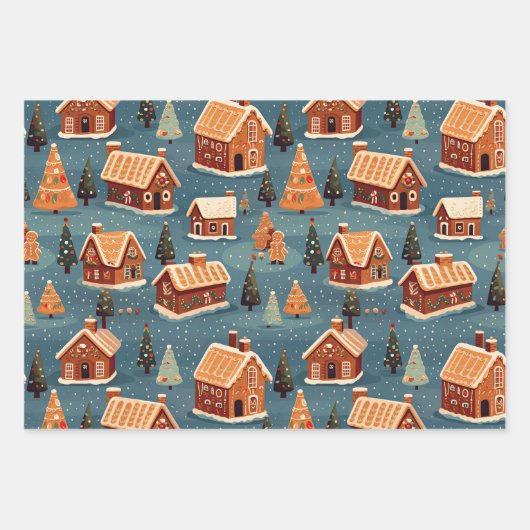 Niedliche Lebkuchenhäuser und Bäume Geschenkpapier Set (Vorderseite 2)