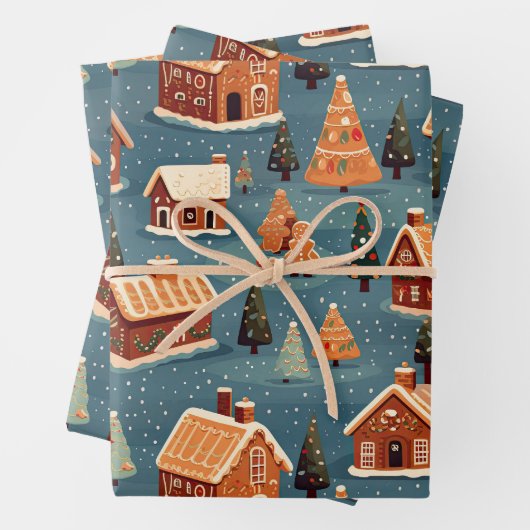 Niedliche Lebkuchenhäuser und Bäume Geschenkpapier Set (Beispiel)