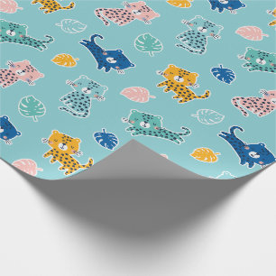 Niedliche Leoparden mit Dschungelblättern auf Aqua Geschenkpapier