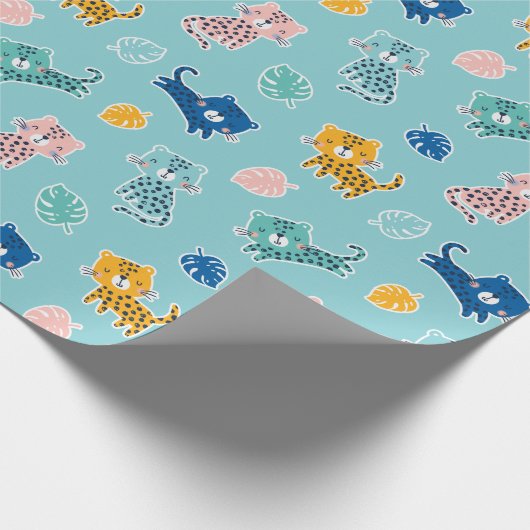 Niedliche Leoparden mit Dschungelblättern auf Aqua Geschenkpapier (Ecke)