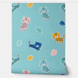 Niedliche Leoparden mit Dschungelblättern auf Aqua Tapete