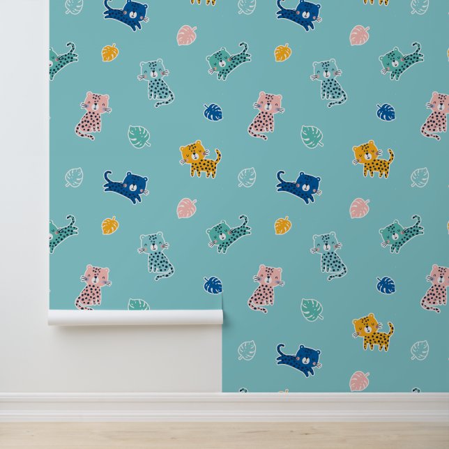 Niedliche Leoparden mit Dschungelblättern auf Aqua Tapete (Anwendung)