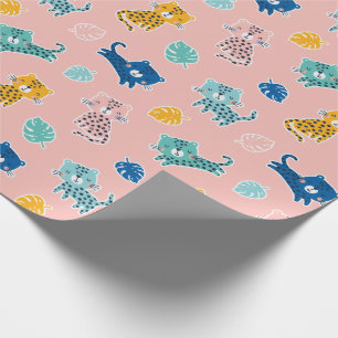 Niedliche Leoparden mit Dschungelblättern auf Rosa Geschenkpapier