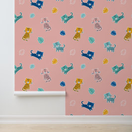 Niedliche Leoparden mit Dschungelblättern auf Rosa Tapete