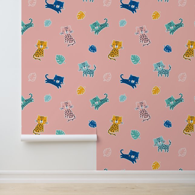 Niedliche Leoparden mit Dschungelblättern auf Rosa Tapete (Anwendung)