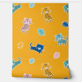 Niedliche Leoparden mit Dschungelblättern auf Senf Tapete