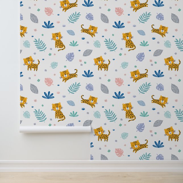 Niedliche Leoparden mit weißen Dschungelblättern Tapete (Anwendung)