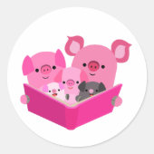 Niedliche Lesestoff Cartoon Pig Familienaufkleber Runder Aufkleber (Vorderseite)
