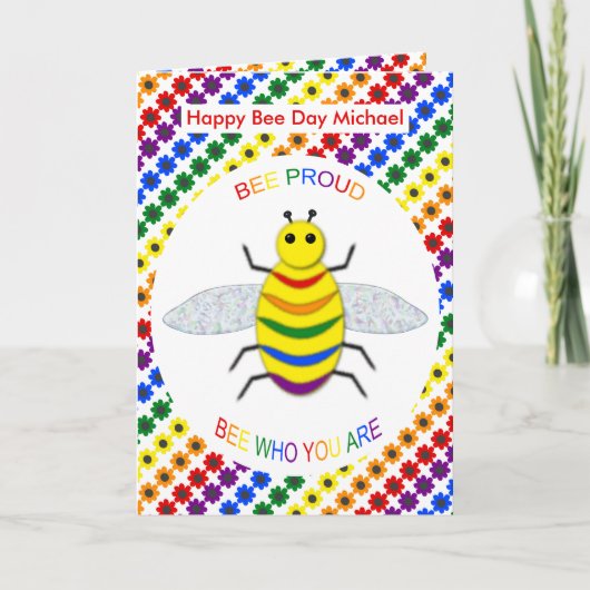 Niedliche LGBT Bee Proud Rainbow und Blume Geburts Karte (Vorderseite)