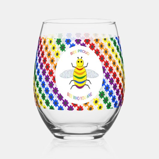 Niedliche LGBT-Proud-Regenbogenbiene und -Blume Weinglas Ohne Stiel (Vorderseite)