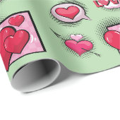 Niedliche Liebe Comic Buch Stil Grün Herzgeschenke Geschenkpapier (Rolleneckpunkt)