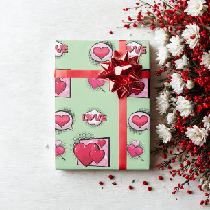Niedliche Liebe Comic Buch Stil Grün Herzgeschenke Geschenkpapier