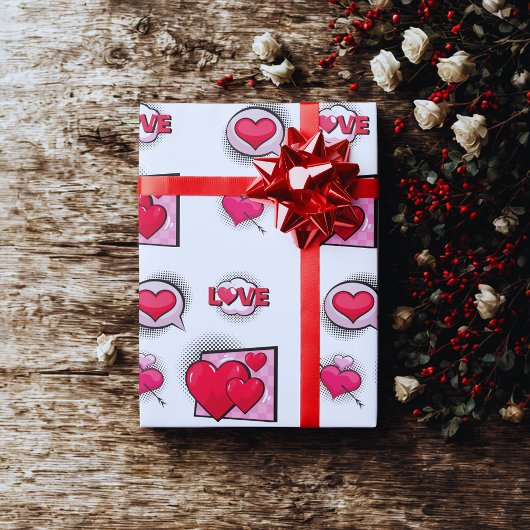 Niedliche Liebe Comic-Buch-Stil Rot Schwarz Herzge Geschenkpapier