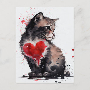 Niedliche Liebe der Katze und des roten Herzens Postkarte