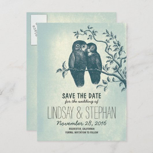 niedliche Liebe Eulen Save the Date Postkarten (Vorne/Hinten)