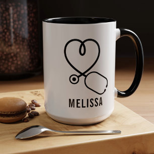Niedliche Liebe Herz Stethoskop Personalisiert Nam Tasse