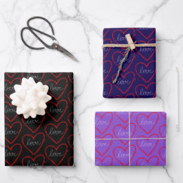 Niedliche Liebe Herzmuster auf schwarz, blau und l Geschenkpapier Set