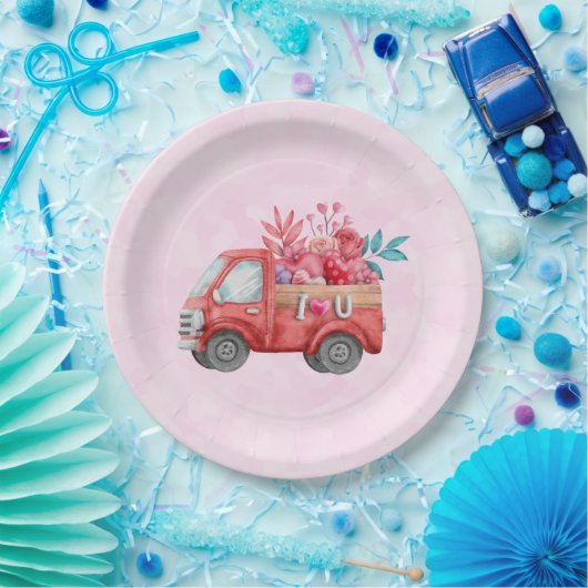 Niedliche Liebe LKW mit Herzkargo Wasserfarbe Pappteller (Party)