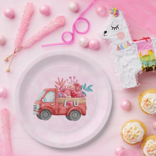 Niedliche Liebe LKW mit Herzkargo Wasserfarbe Pappteller (Party)
