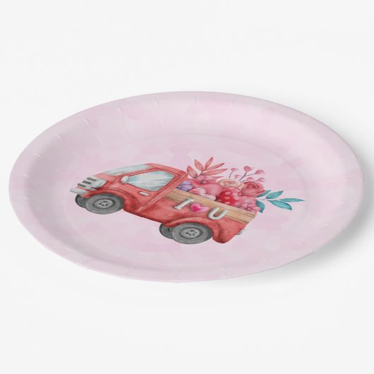 Niedliche Liebe LKW mit Herzkargo Wasserfarbe Pappteller (Schrägansicht)