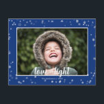 Niedliche Liebe-u. Licht-Sterne Chanukka Feiertagspostkarte<br><div class="desc">Niedlich und Spaß, ist diese Feiertagspostkarte die perfekte Weise, die Grüße der Jahreszeit zu schicken den Freunden und der Familie. Eigenschaften weiß und silberne Sterne und Schnee auf einem blauen Hintergrund. Ändern Sie die Fotoschablone zu Ihren Selbst. Die Front und die Rückseite haben Text, der geändert werden kann, um Ihren...</div>